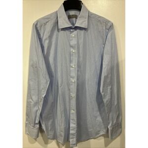 Canali Men's Microcheck Blue Dress Shirt 43-17 Long Sleeve Italy Button Up‎